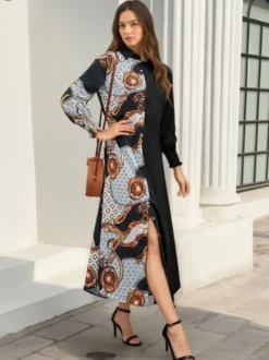 Robe maxi color block col rabattu manches longues patchwork élégant robe longue