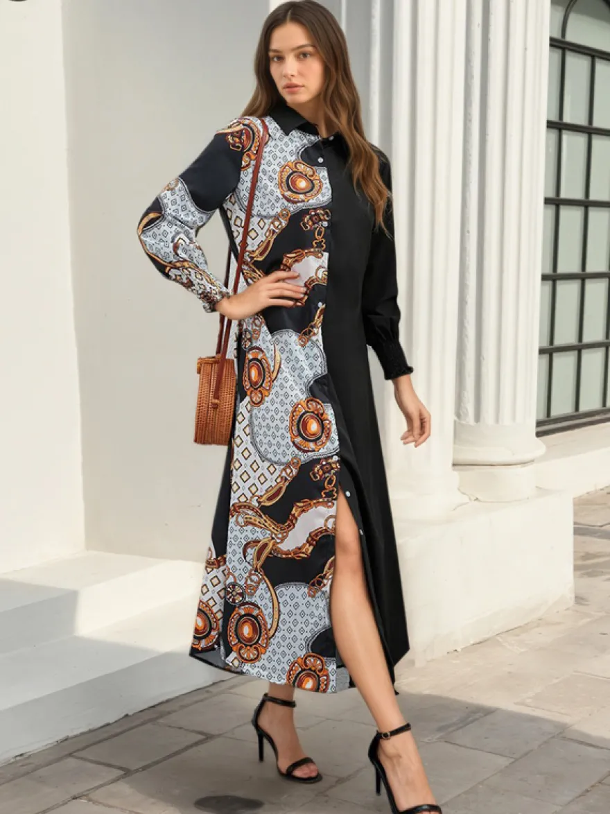 Robe maxi color block col rabattu manches longues patchwork élégant robe longue