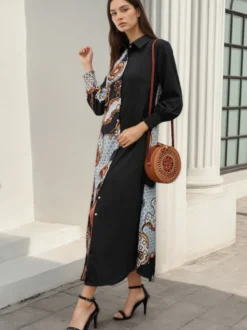 Robe maxi color block col rabattu manches longues patchwork élégant robe longue