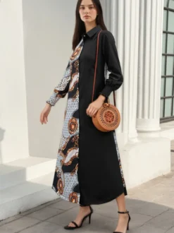Robe maxi color block col rabattu manches longues patchwork élégant robe longue