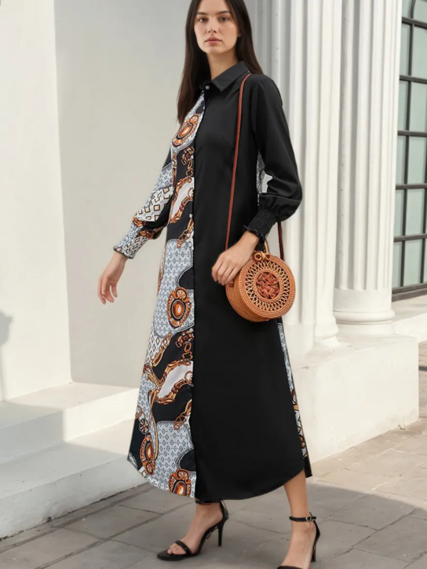 Robe maxi color block col rabattu manches longues patchwork élégant robe longue