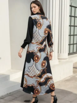 Robe maxi color block col rabattu manches longues patchwork élégant robe longue