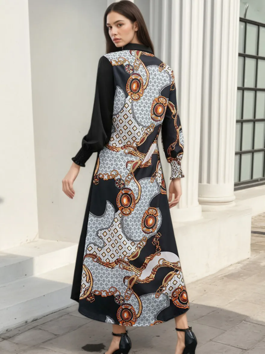 Robe maxi color block col rabattu manches longues patchwork élégant robe longue