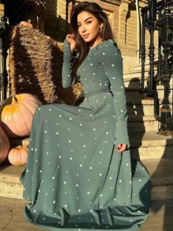 Robe maxi décontractée à imprimé triangle col rond et manches longues