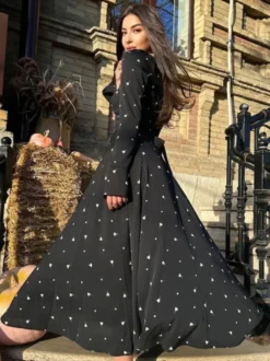 Robe maxi décontractée à imprimé triangle col rond et manches longues