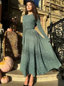 Robe maxi décontractée à imprimé triangle col rond et manches longues