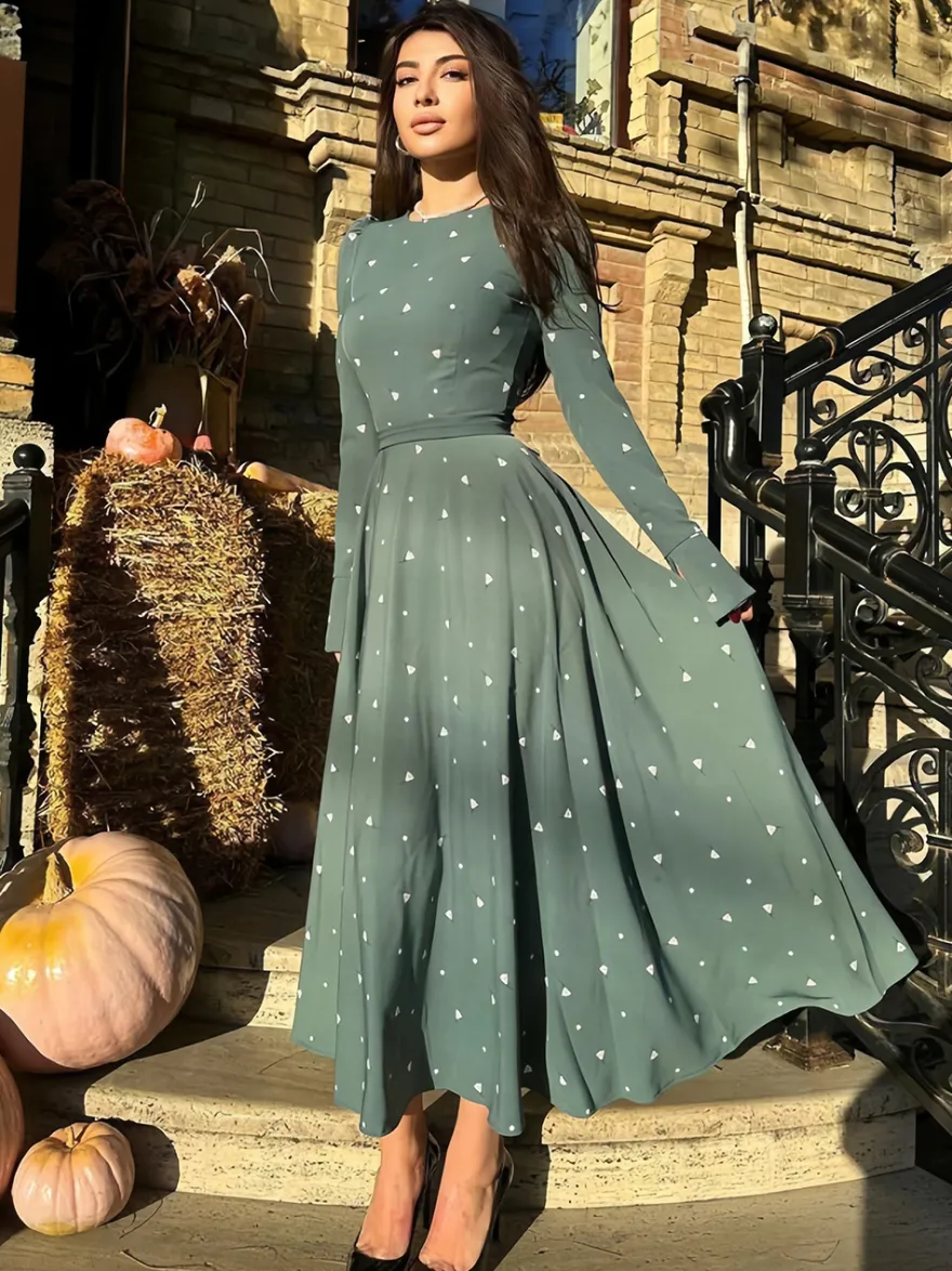 Robe maxi décontractée à imprimé triangle col rond et manches longues