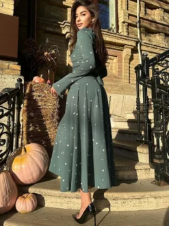 Robe maxi décontractée à imprimé triangle col rond et manches longues