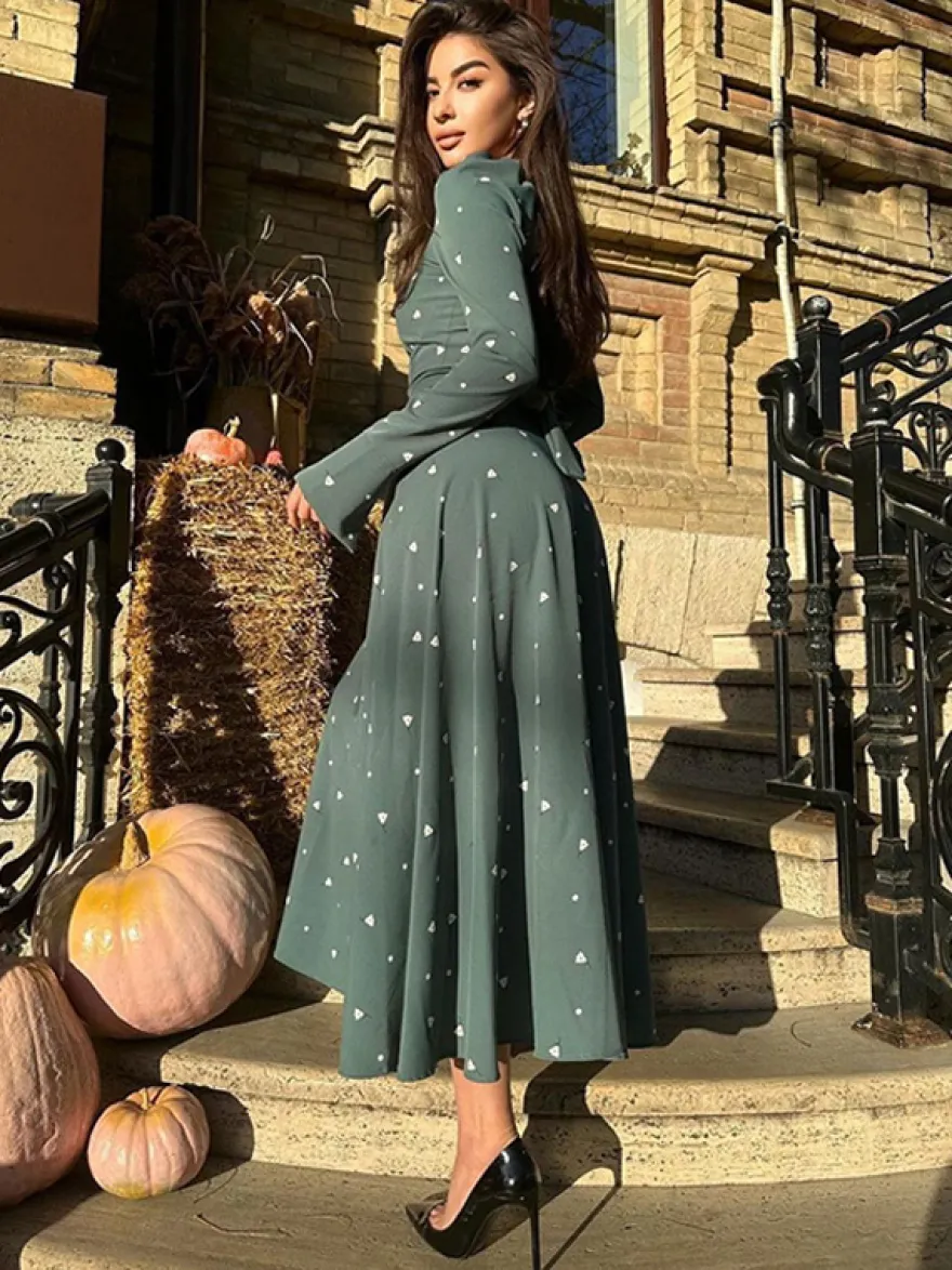 Robe maxi décontractée à imprimé triangle col rond et manches longues