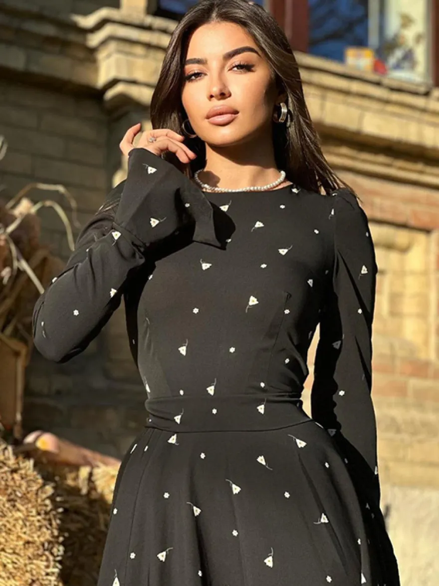 Robe maxi décontractée à imprimé triangle col rond et manches longues