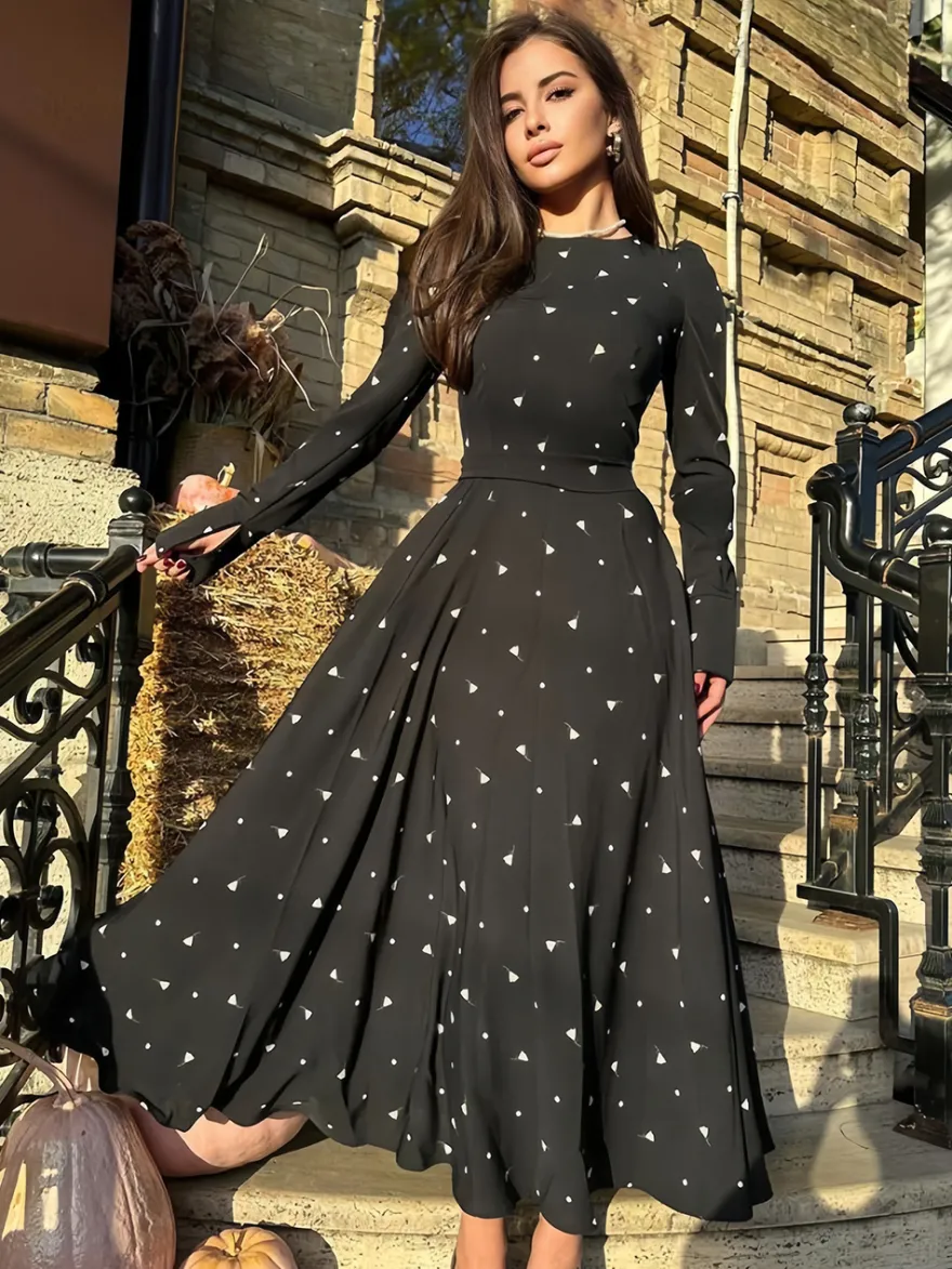 Robe maxi décontractée à imprimé triangle col rond et manches longues