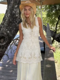 Robe maxi de tous les jours pour femme sans manches col rond taille naturelle élégante robe en dentelle