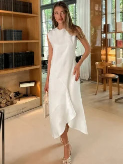 Robe maxi de tous les jours pour femme sans manches col rond taille naturelle élégante robe blanche
