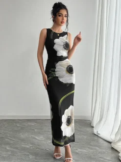 Robe maxi femme à imprimé floral - Élégante robe moulante froncée - Style vintage années 90 idéale pour l'été au quotidien (collection 2026)