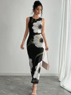 Robe maxi femme à imprimé floral - Élégante robe moulante froncée - Style vintage années 90 idéale pour l'été au quotidien (collection 2026)