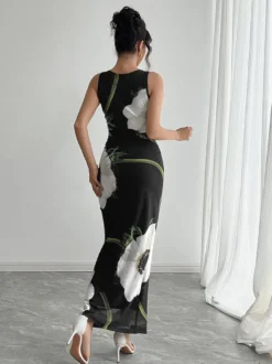 Robe maxi femme à imprimé floral - Élégante robe moulante froncée - Style vintage années 90 idéale pour l'été au quotidien (collection 2026)