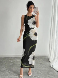 Robe maxi femme à imprimé floral - Élégante robe moulante froncée - Style vintage années 90 idéale pour l'été au quotidien (collection 2026)