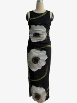 Robe maxi femme à imprimé floral - Élégante robe moulante froncée - Style vintage années 90 idéale pour l'été au quotidien (collection 2026)