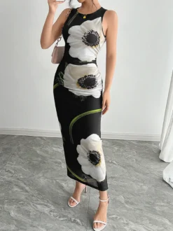 Robe maxi femme à imprimé floral - Élégante robe moulante froncée - Style vintage années 90 idéale pour l'été au quotidien (collection 2026)