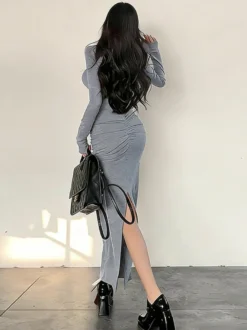 Robe maxi froncée pour femme - Robe moulante minimaliste fendue au dos et manches longues - Idéale pour un rendez-vous romantique au printemps 2026