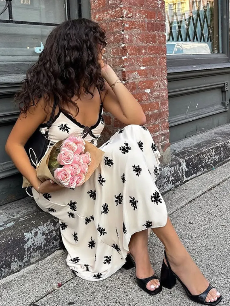 Robe maxi imprimée abricot en dentelle sans manches à col V pour femme