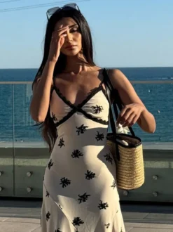 Robe maxi imprimée abricot en dentelle sans manches à col V pour femme
