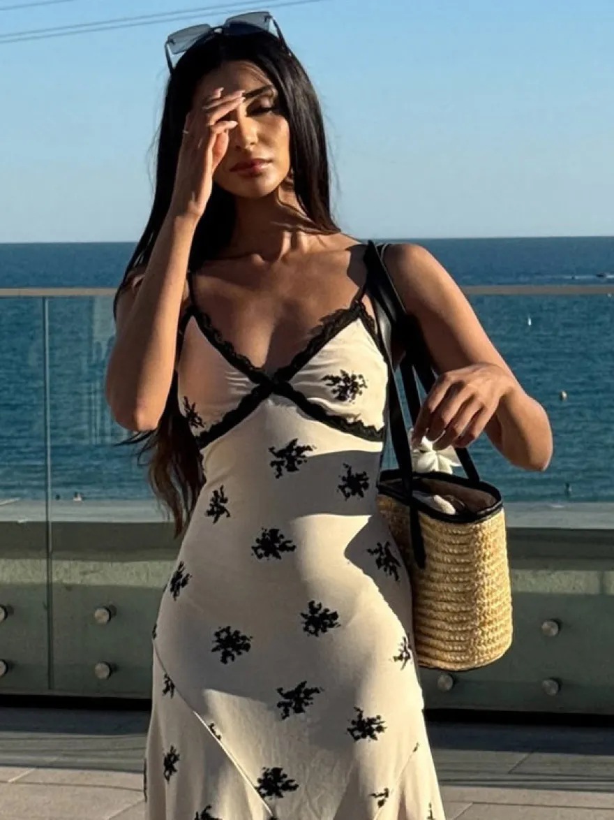 Robe maxi imprimée abricot en dentelle sans manches à col V pour femme