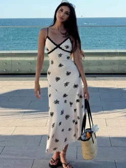 Robe maxi imprimée abricot en dentelle sans manches à col V pour femme