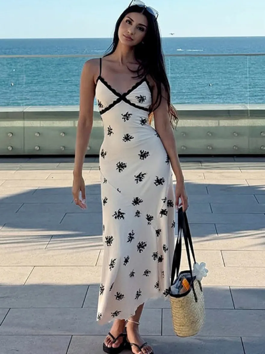 Robe maxi imprimée abricot en dentelle sans manches à col V pour femme