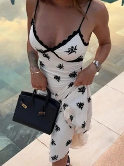 Robe maxi imprimée abricot en dentelle sans manches à col V pour femme