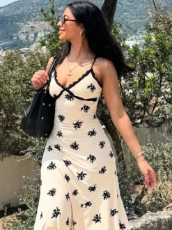 Robe maxi imprimée abricot en dentelle sans manches à col V pour femme