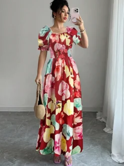 Robe maxi à imprimé floral et col carré pour femme élégante et parfaite pour l'été