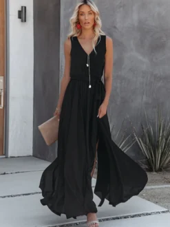 Robe maxi minimaliste pour femme - Robe bohème noire sans manches à col en V fendue sur le côté et ceinturée - Idéale pour une soirée d'été à la plage (2026)