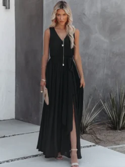 Robe maxi minimaliste pour femme - Robe bohème noire sans manches à col en V fendue sur le côté et ceinturée - Idéale pour une soirée d'été à la plage (2026)