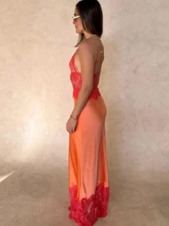 Robe maxi orange dos nu à volants sans manches à bretelles pour femme
