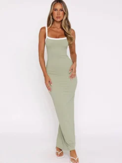 Robe maxi verte sexy à col rond et dos nu sans manches et taille haute pour femme.