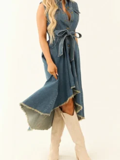 Robe midi asymétrique en jean pour femme - Délavage moyen - Sans manches - Ceinture à nouer - Poches - Tenue d'été pour festivals 2026