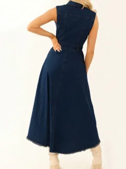Robe midi asymétrique en jean pour femme - Délavage moyen - Sans manches - Ceinture à nouer - Poches - Tenue d'été pour festivals 2026