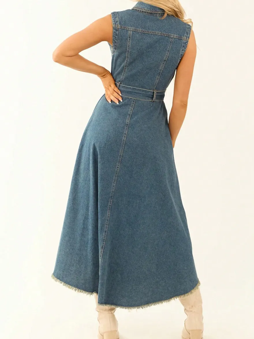 Robe midi asymétrique en jean pour femme - Délavage moyen - Sans manches - Ceinture à nouer - Poches - Tenue d'été pour festivals 2026