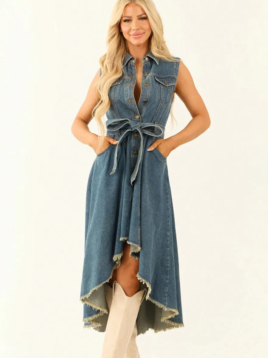 Robe midi asymétrique en jean pour femme - Délavage moyen - Sans manches - Ceinture à nouer - Poches - Tenue d'été pour festivals 2026