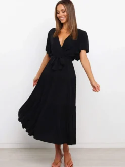 Robe midi bohème à volants pour femme - Robe d'été fluide à col en V manches papillon et coupe trapèze - Idéale pour les invités aux mariages d'été 2026