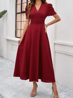 Robe midi bordeaux à manches bouffantes et col en V pour femme élégante et chic