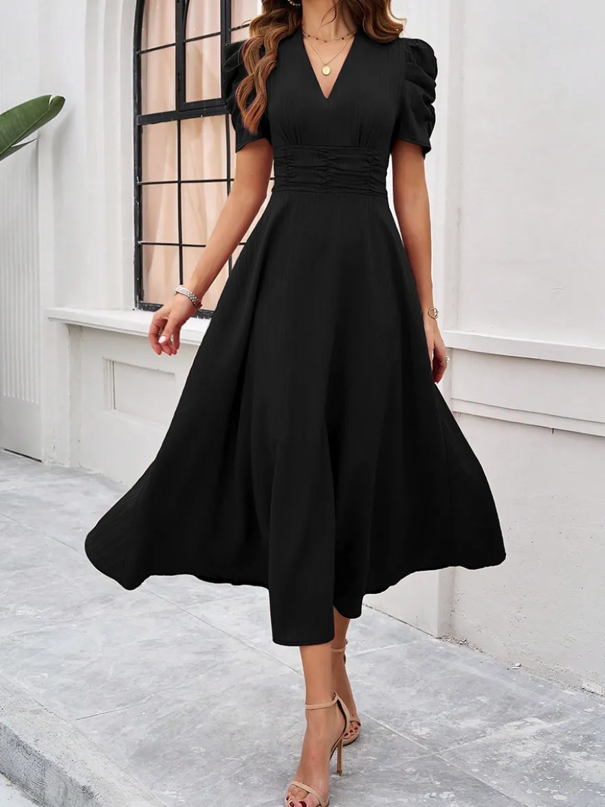 Robe midi bordeaux à manches bouffantes et col en V pour femme élégante et chic