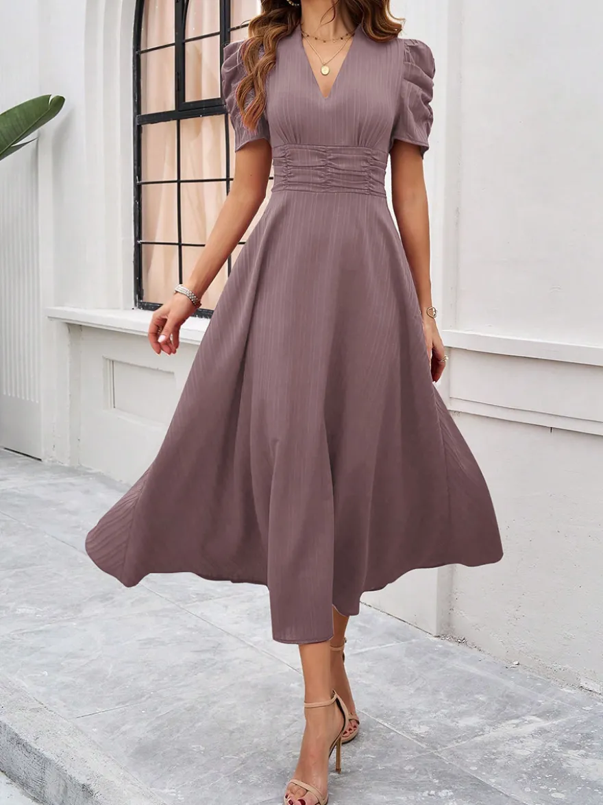 Robe midi bordeaux à manches bouffantes et col en V pour femme élégante et chic