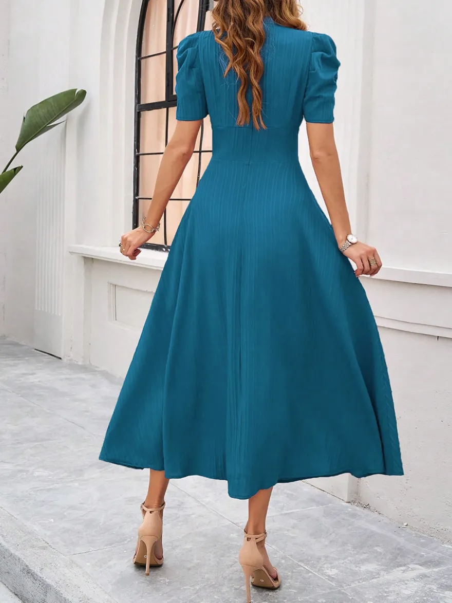 Robe midi bordeaux à manches bouffantes et col en V pour femme élégante et chic