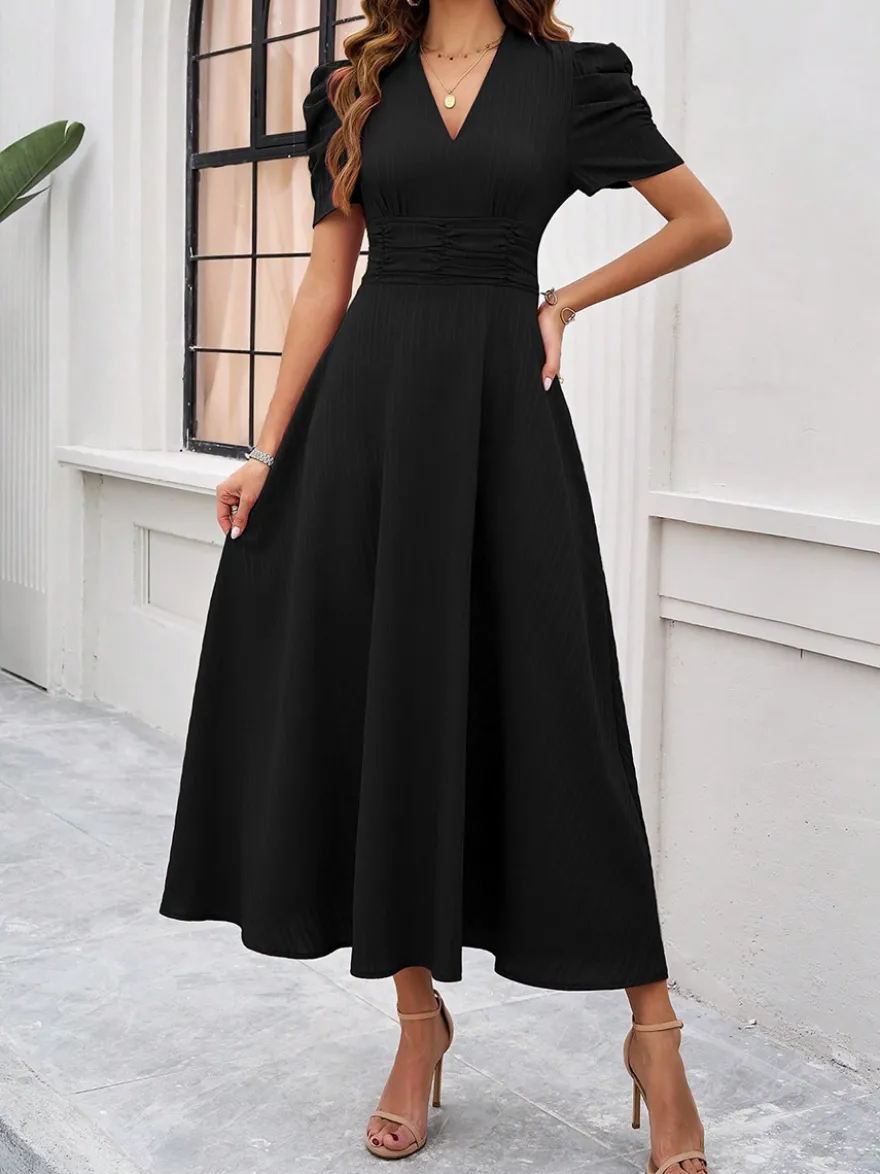 Robe midi bordeaux à manches bouffantes et col en V pour femme élégante et chic