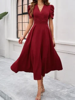 Robe midi bordeaux à manches bouffantes et col en V pour femme élégante et chic
