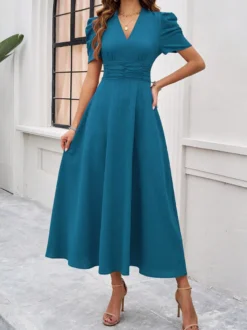 Robe midi bordeaux à manches bouffantes et col en V pour femme élégante et chic
