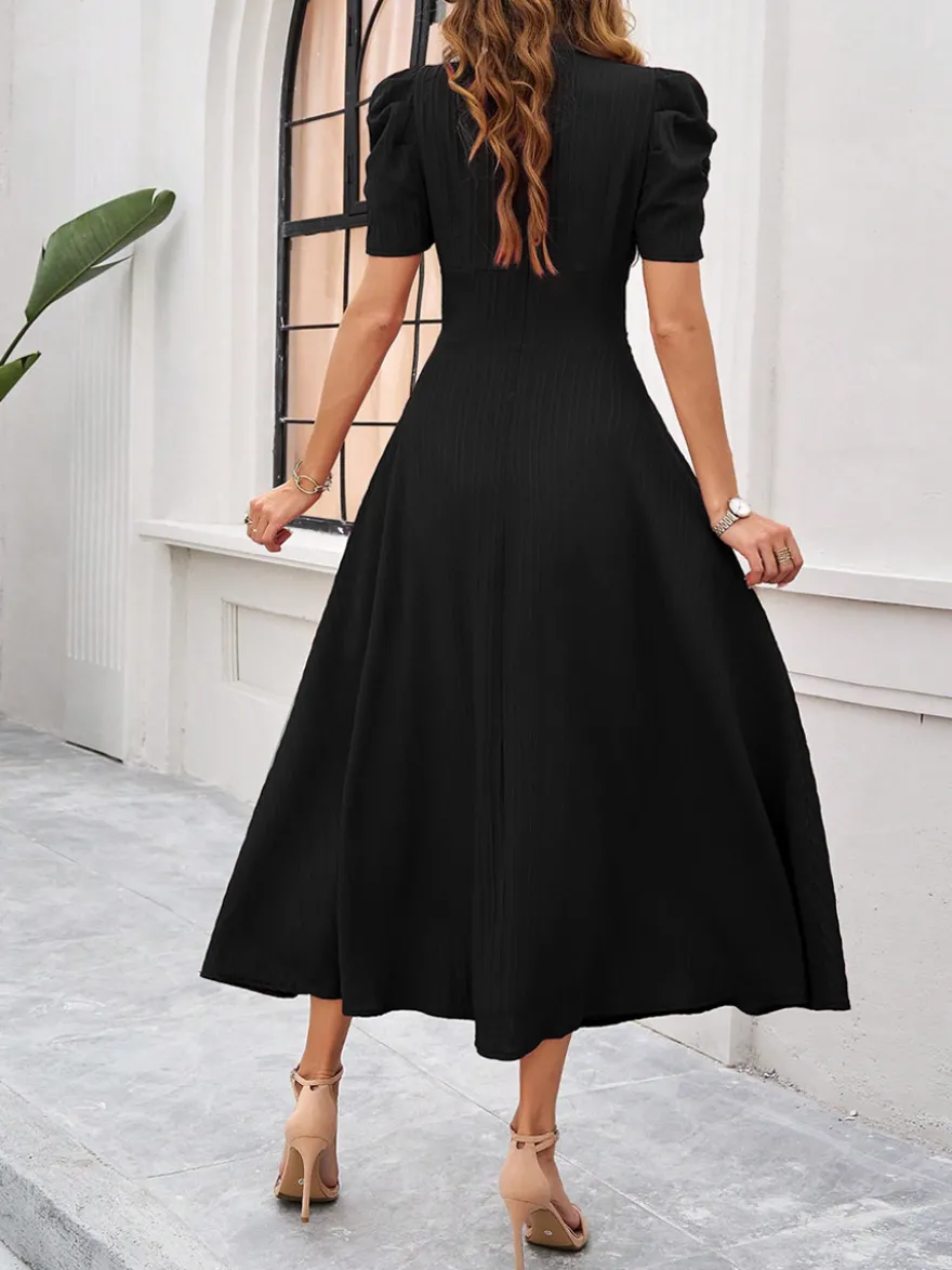 Robe midi bordeaux à manches bouffantes et col en V pour femme élégante et chic
