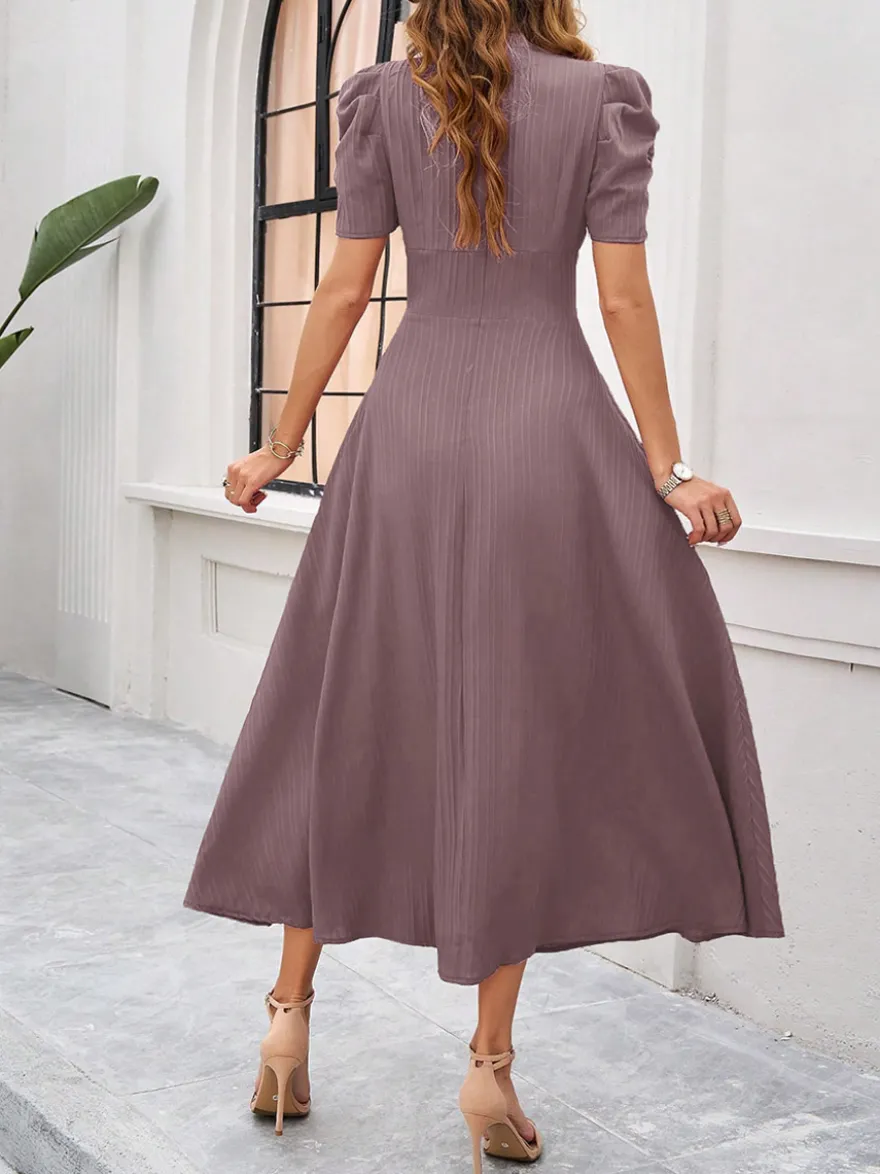 Robe midi bordeaux à manches bouffantes et col en V pour femme élégante et chic